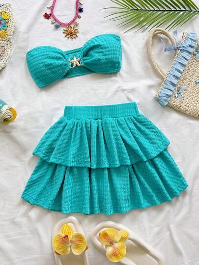 Soleia Spring & Summer Vacation Hollow Starfish Metal Bandeau Crop Top And Tiered Mini Skirt Knit Texture 2 Pieces Set, Suitable For Holiday, Date, Afternoon Tea, Music Festival, Bohemian Vacation
