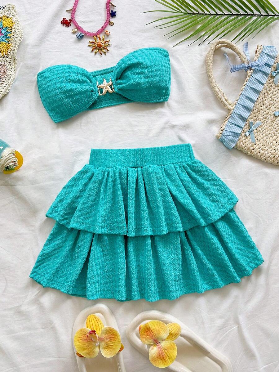 Soleia 春夏度假镂空海星金属抹胸露脐上衣和层叠迷你裙针织纹理两件套，适合度假、约会、下午茶、音乐节、波西米亚风度假等场合。 - 水鴨藍 - 查看 1