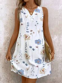 Breezaya Vestido de verano para mujer sin mangas con cuello en V y estampado floral (flores cortadas al azar) - Blanco - Ver 4