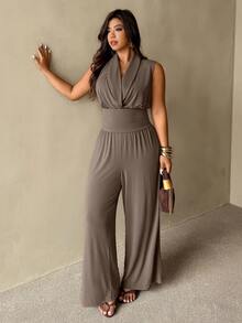 Auralis 大码纯色圆领无袖夏季收腰两件套女装夏季套装优雅套装女士正装套装女士连体裤无袖套装春夏优雅度假连体裤女士婚礼宾客套装女士毕业典礼两件套女士节日套装女士优雅套装 - 卡其色 - 查看 5