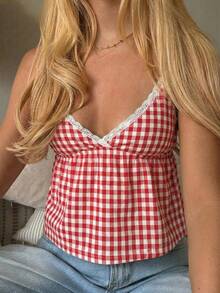 CovetEZ 女士春夏休闲吊带背心，春夏上衣，海滩度假装，女士夏季装，红白格子蕾丝边吊带背心 - 彩色 - 查看 4