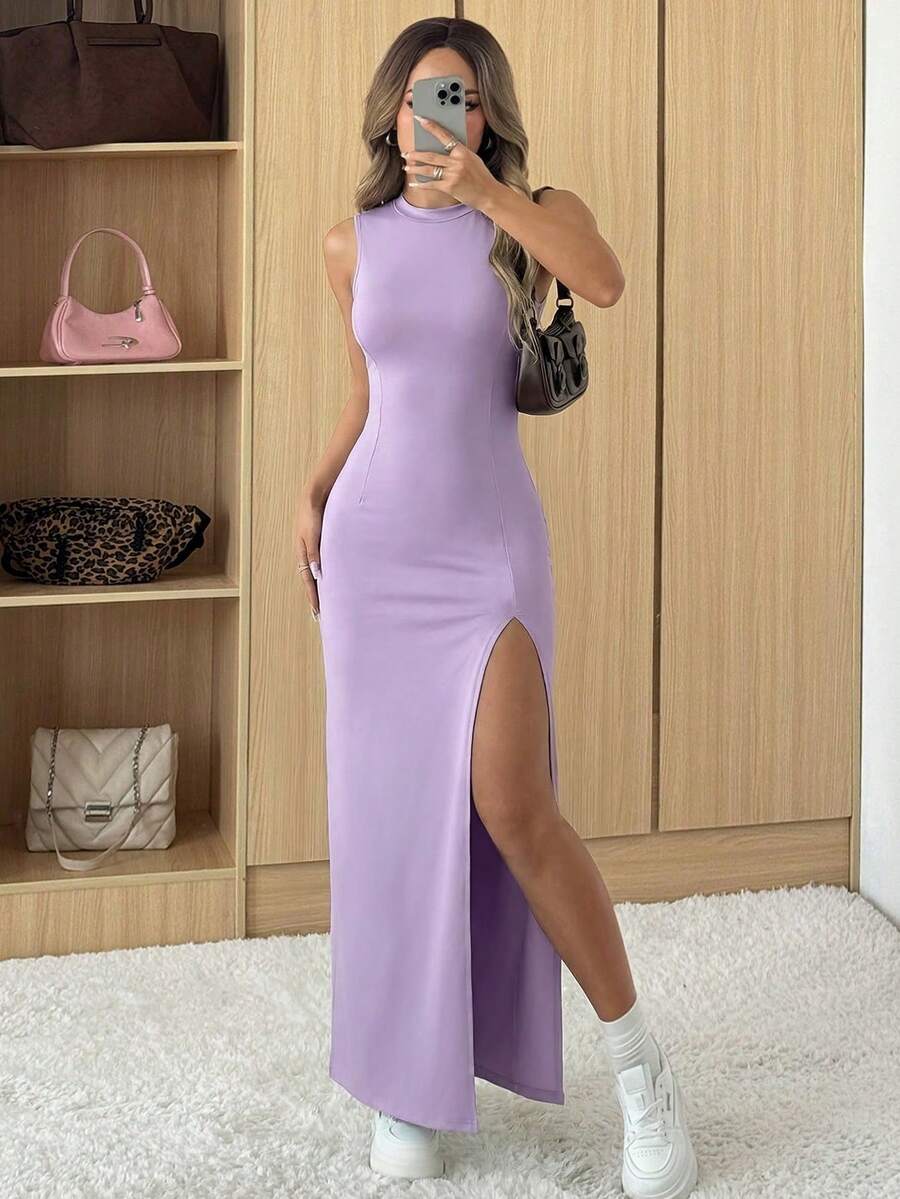 SHEIN EZwear 女士优雅休闲紫色开衩连衣裙,轻盈舒适,夏季穿着 - 紫色 - 查看 1