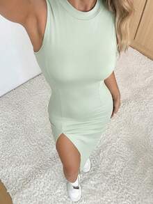 SHEIN EZwear 女士优雅休闲开衩浅绿色连衣裙，轻盈透气，夏季穿着 - 綠色 - 查看 4