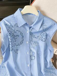 EMERY ROSE Women's Striped Print Minimalist Sleeveless Shirt, Casual Everyday Wear - Blue - View 7