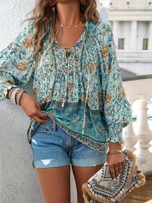 EMERY ROSE 花卉印花系带灯笼袖衬衫，长袖上衣 - 藍色 - 查看 6