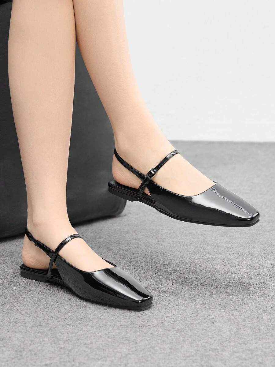 CUCCOO BIZCHIC Giày bệt mũi vuông màu nâu sôcôla có khóa kim loại dành cho nữ, kiểu dáng thoải mái, thích hợp để phối cùng váy. - Than chì đen - Xem 1