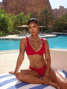 Vaytide 女士时尚夏季海滩纯红色荷叶边性感比基尼套装 - 紅色 - 查看 2