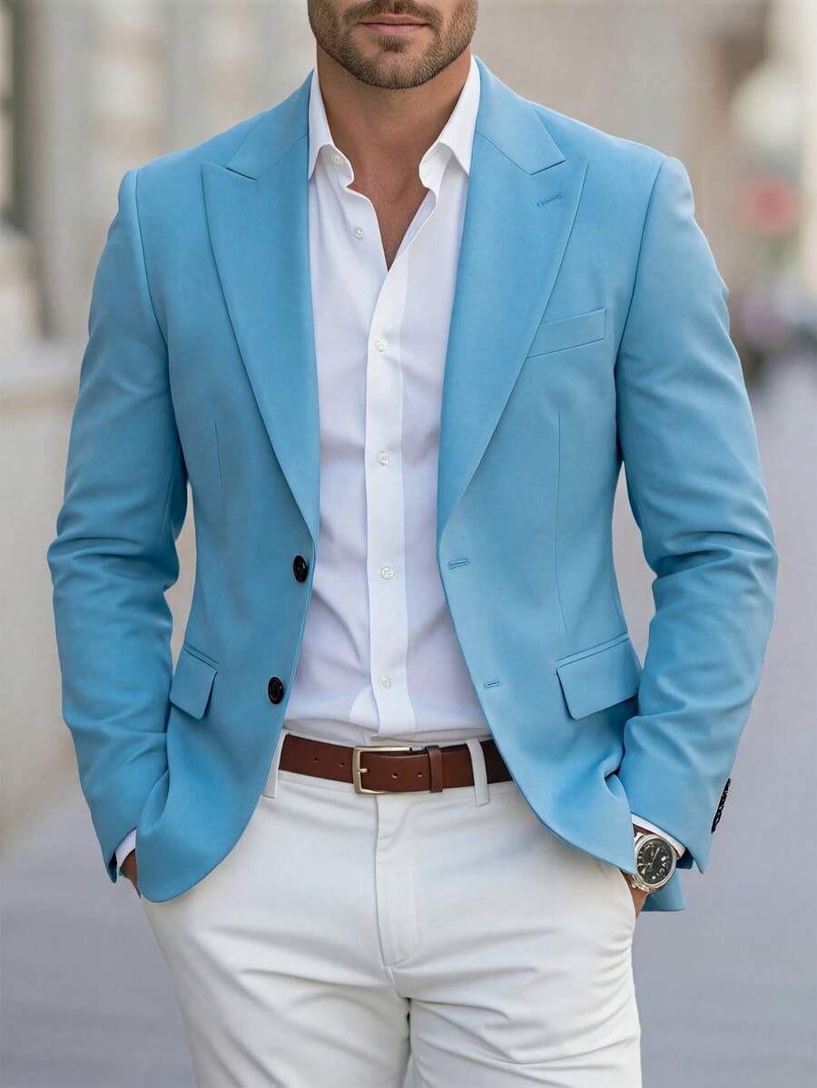 Manfinity Bizformal Men's Solid Color Mandarin Collar Single-Breasted Casual Suit Blazer, Formal - Sky Blue - View 1