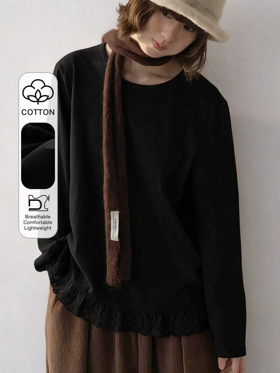 FRIFUL Women's Solid Color Round Neck Dropped Shoulder Long Sleeve Ruffle Hem Loose T-Shirt Oversized - Apricot - View 1