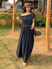 FRIFUL Women's Vacation Asymmetrical Shoulder Ruched Denim Dress - Blue - View 4