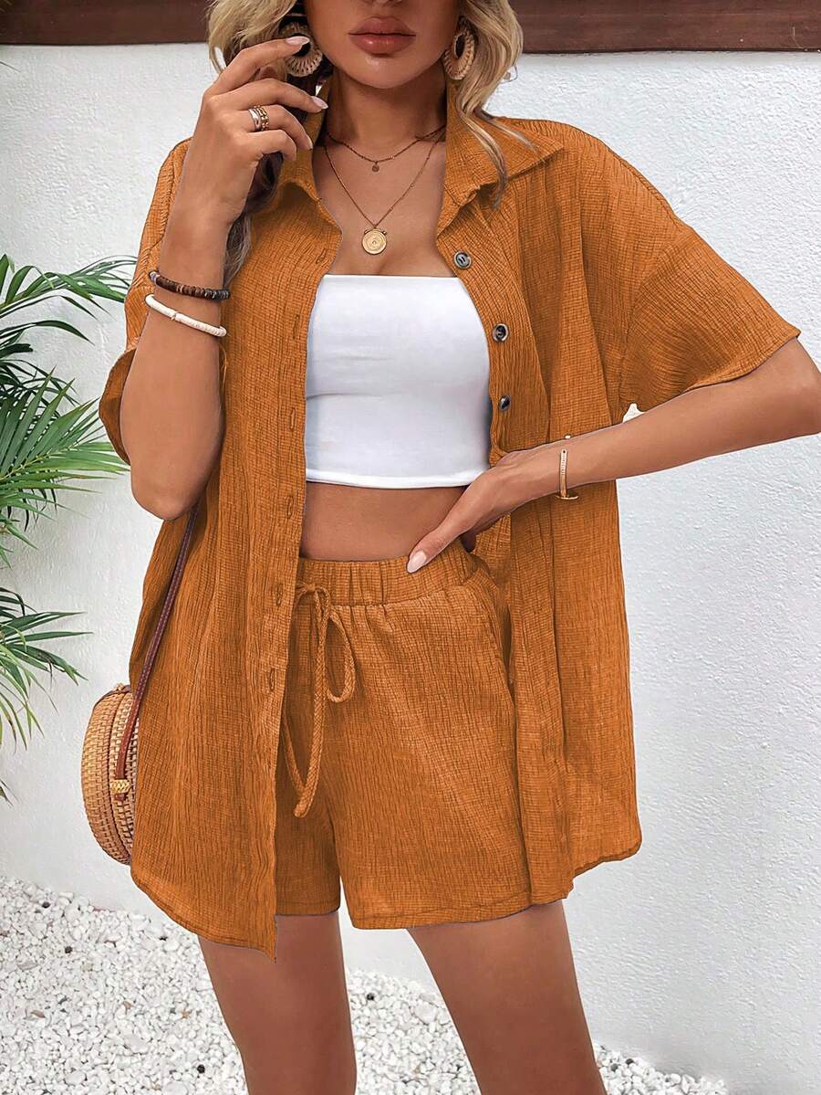 SHEIN Holidaya 女士开襟羊毛衫衬衫和短裤两件套 - 黃色 - 查看 1