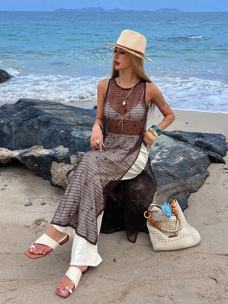 Women's Sleeveless Mesh Hollow Sequin Long Casual Vacation Summer Top