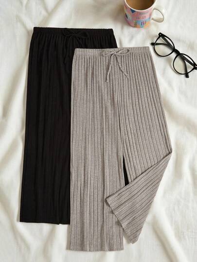 Lowkey Lull 2条装简约纯色超柔软薄罗纹面料宽松休闲显瘦大码直筒舒适长裤，春秋季、秋冬季服装