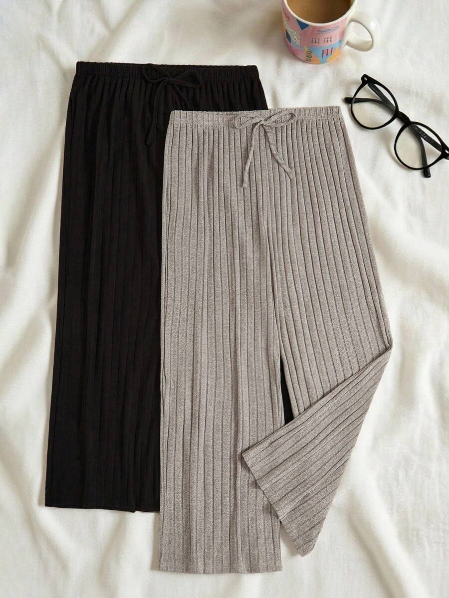 Lowkey Lull 2pcs Simple Solid Color Ultra-Soft Thin Rib Fabric Loose Casual Slimming Plus Size Straight Leg Cozy Pants, Spring/Autumn, Fall Winter Clothes - Multicolor - View 1
