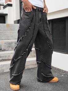 GALLERY FADE Men's Street Fashion Frayed Patchwork Wide Leg Pants, Washed Earth Gray - Dark Grey - View 6