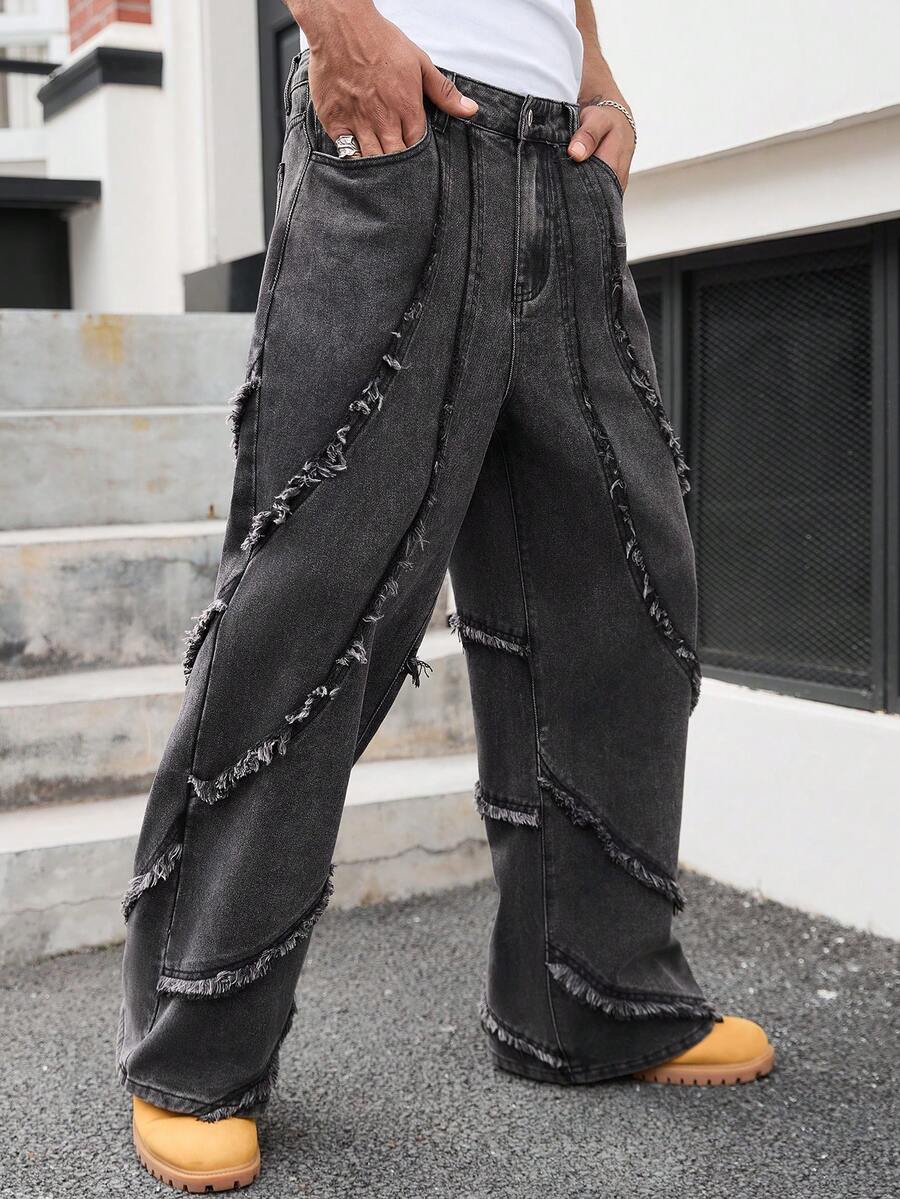 GALLERY FADE 男士街头时尚破洞拼接阔腿裤，水洗大地灰 - 深灰色 - 查看 1