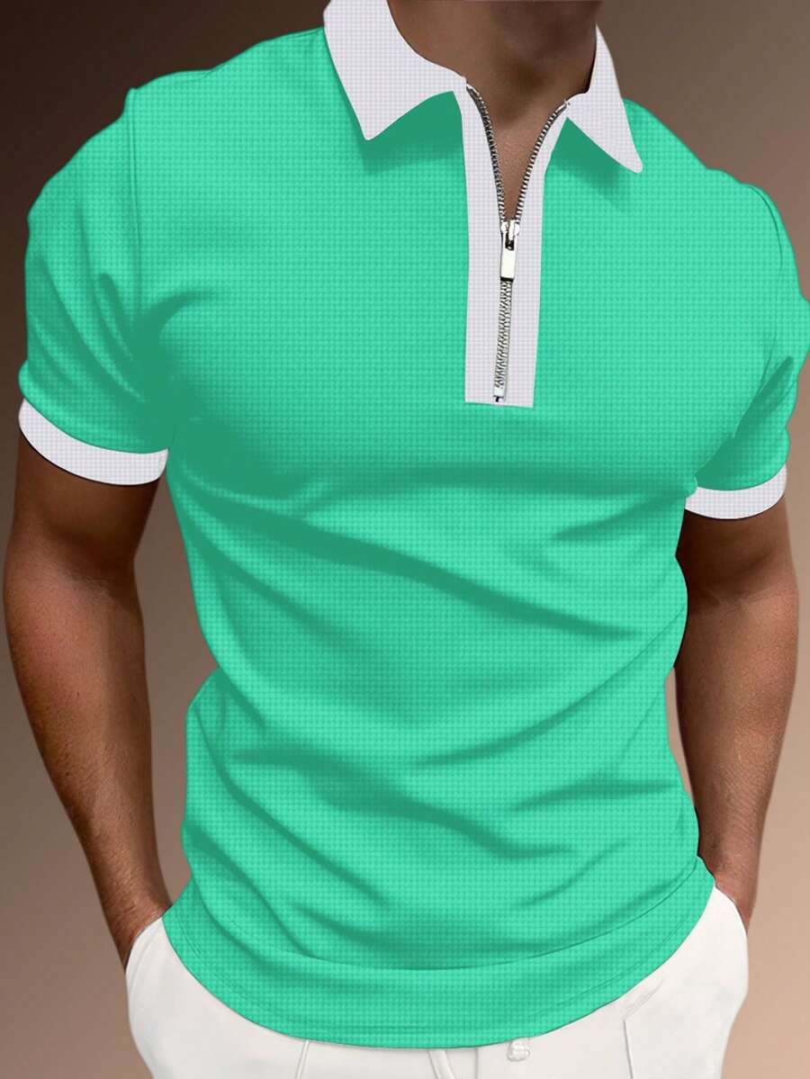 Manfinity Homme Men's Contrast Color Short Sleeve Casual Commuter Polo Shirt Ceremony - Mint Green - View 1