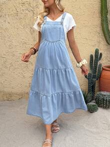 SHEIN 孕妇休闲牛仔连衣裙 夏季嘉年华服装 通勤 度假 毕业 时尚 Y2K 可爱 街头风 俏皮 派对 婚礼 优雅 商务休闲 女士 商务 海滩 毕业 复活节 女士无袖浅蓝色牛仔背带裙，带纽扣肩带和层叠荷叶边 复活节假日连衣裙 日常孕妇连衣裙 日常通勤牛仔连衣裙 - 藍色 - 查看 4