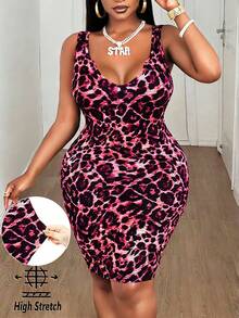 Maweii Plus Size Fashionable Leopard Print Sleeveless Fitted Dress, Summer - Multicolor - View 1