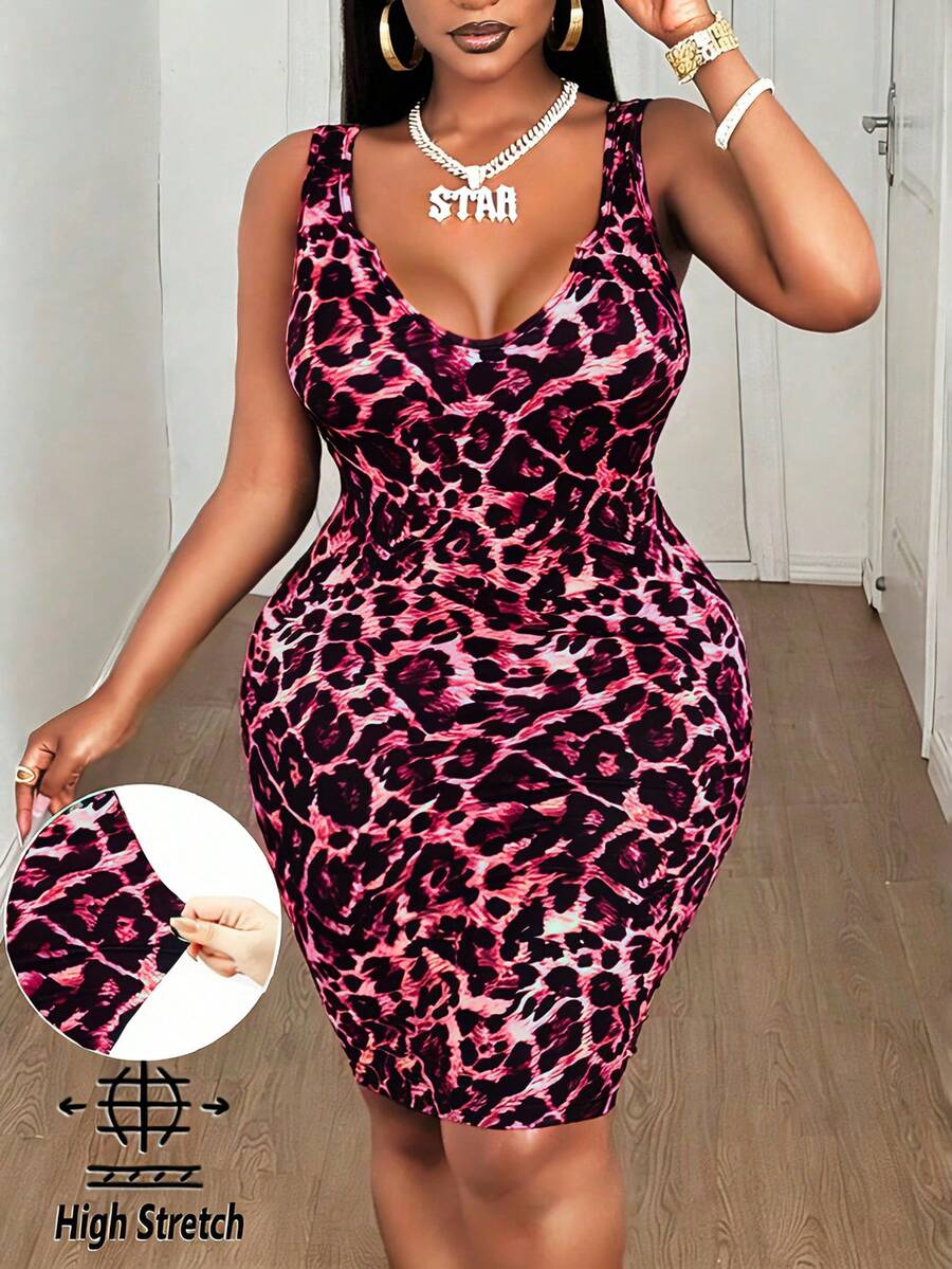 Maweii Plus Size Fashionable Leopard Print Sleeveless Fitted Dress, Summer - Multicolor - View 1