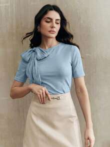 Anewsta Fashionable Off-Shoulder Bowknot Strap Design Versatile Rejuvenating Women's Short Sleeve Top, Blue - Blue - View 5