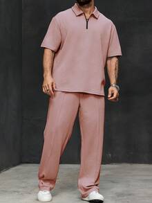 Manfinity Homme Plus Size Men's Solid Color Short Sleeve Polo Shirt And Pants Set - Pink - View 5