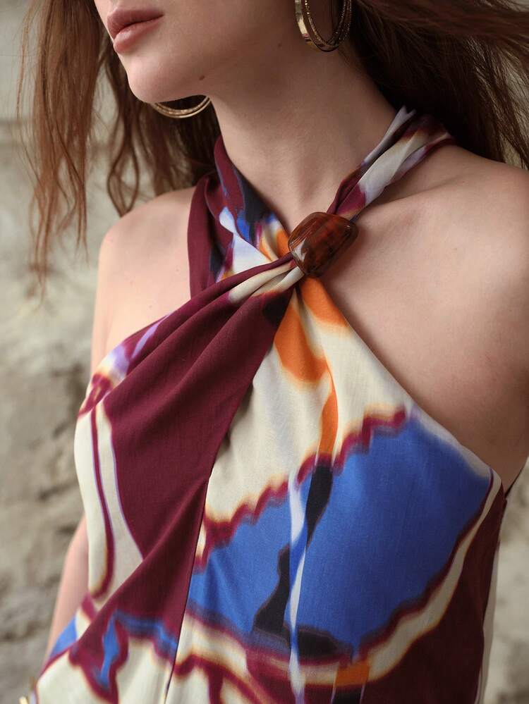 WOMEN'S LINEN BLEND PRINTED BEADED HALTER TOP