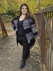 Enliva Plus Size Vacation Colorblock Dip Dye Striped Cardigan, For Winter Fall, For Apple & Rounded Body Shape - Multicolor - View 7