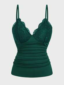 Sweetra Camiseta sin mangas ajustada con volantes, encaje y parches, de estilo vintage y elegante para mujer de talla grande - Verde - Ver 1