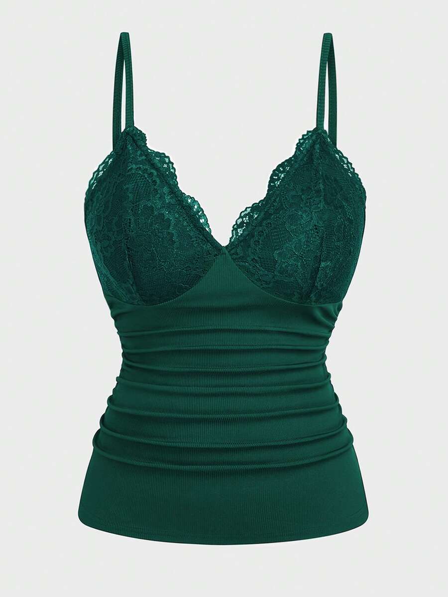 Sweetra Camiseta sin mangas ajustada con volantes, encaje y parches, de estilo vintage y elegante para mujer de talla grande - Verde - Ver 1