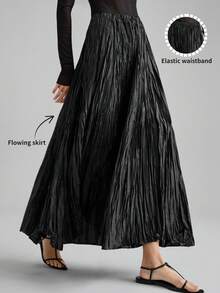 Ontre 2026春夏纯色弹力腰褶皱纹理面料长款休闲裙，优雅浪漫休闲通勤办公皆宜，适合婚礼宾客、海滩度假、音乐节、派对等场合。 - 黑色 - 查看 3