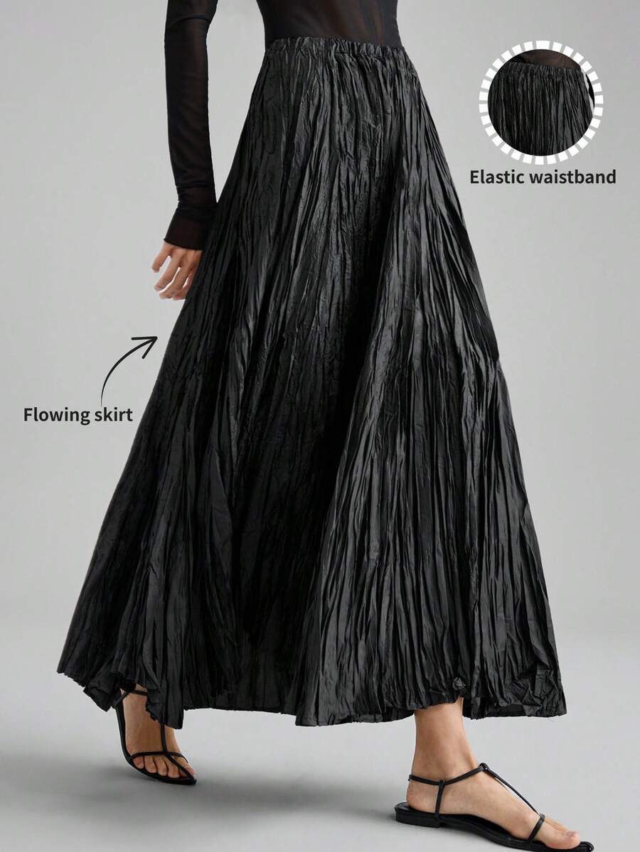 Ontre 2026春夏纯色弹力腰褶皱纹理面料长款休闲裙，优雅浪漫休闲通勤办公皆宜，适合婚礼宾客、海滩度假、音乐节、派对等场合。