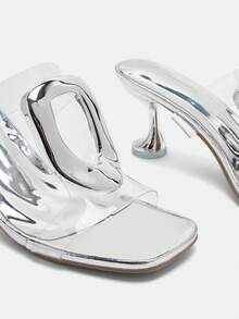 Glitzique Women's Transparent Upper, Silver Kitten Heel High Heels, Silver Metal Buckle Decor Shiny Kitten Heel High Heel Sandals, High Heels/Sexy Party Fashion Elegant Style, Western Wedding Fairy Wedding ABS Plastic (ABS Resin) Rhinestone Mother's Day Lightweight Daily Commute Nightclub Wedding Party Dress Outfit Office Outdoor All Season Slippers,Spring Summer Outfits - Silver - View 6