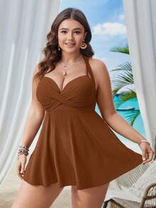Swim Lushoire Plus Size Women Solid Color Spaghetti Strap Tankini Top With Triangle Swim Bottoms - Coffee Brown - View 5