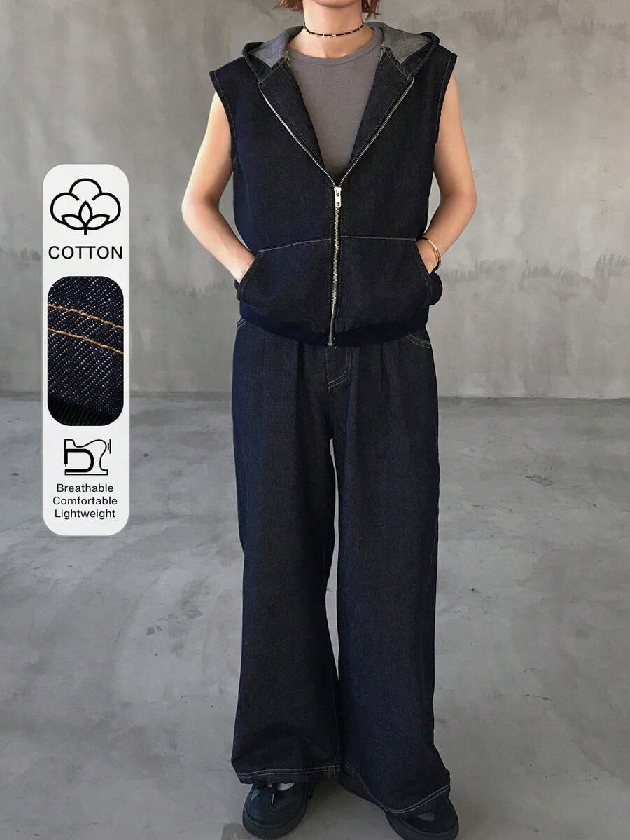 FRIFUL Women's Casual Fashion Street Style Sleeveless Zip-Up Hooded Jacket And Denim Jeans Set, Suitable For Spring, Summer, Autumn - Blue - View 1
