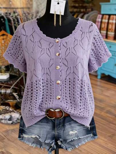 Linhara كارديجان قصير أنيق بأكمام قصيرة وياقة مستديرة مصنوع من الأقمشة المحبوكة ذات اللون الواحد، مفتوح من المنتصف، مناسب للمقاسات الكبيرة، خفيف الوزن، مناسب للربيع والصيف