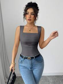 Rafferiza Women's Solid Color Square Neck Pleated Casual Tank Top - Dark Grey - View 4