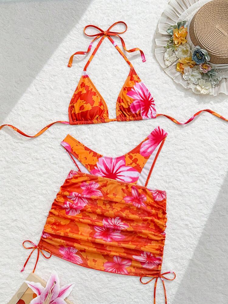 Swim Vcay 新款春夏多色沙滩度假热带印花抽绳挂脖三角罩杯比基尼上衣和裙子性感泳衣三件套 - 彩色 - 查看 5