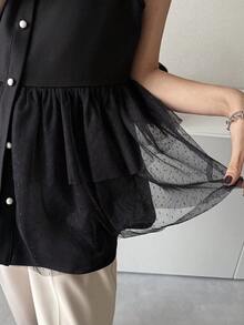 FRIFUL 女士黑色纯色网眼拼接透视宽松休闲百搭常规外套，秋夏季 - 黑色 - 查看 6