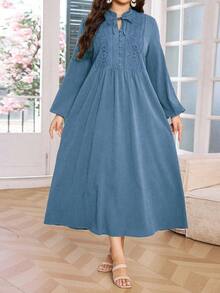 Lacomfia Plus Size Women Hollow Embroidered Button Collar Tie Waist Long Sleeve Dress - Dusty Blue - View 4
