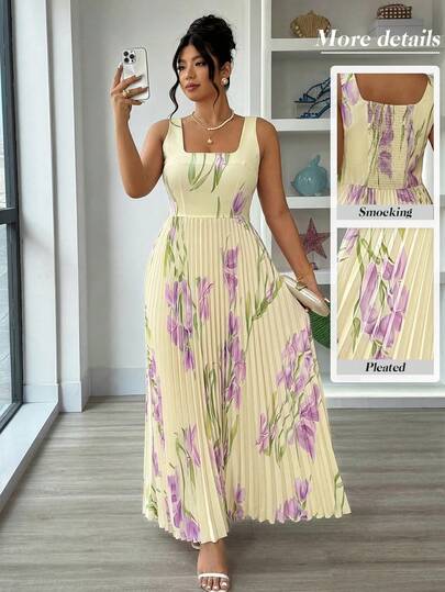 Elenzga Purple Printed Pleated Dress, A Sleeveless And Waist-Cinched Maxi Dress. This Plus-Size Clothing Is Perfect For Spring And Summer, Suitable For Vacations, Sweet Getaways, Casual Outings, And Parties
