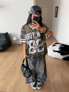 Coolane 女士深绿色夏季街头风复古运动服树枝图案数字印花超大V领棒球衫T恤 - 軍綠色 - 查看 5