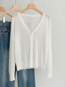 Calvaya Plus Size Women V-Neck Single-Breasted Casual Versatile Daily Wear Long Sleeve Cardigan Fall - White - View 1
