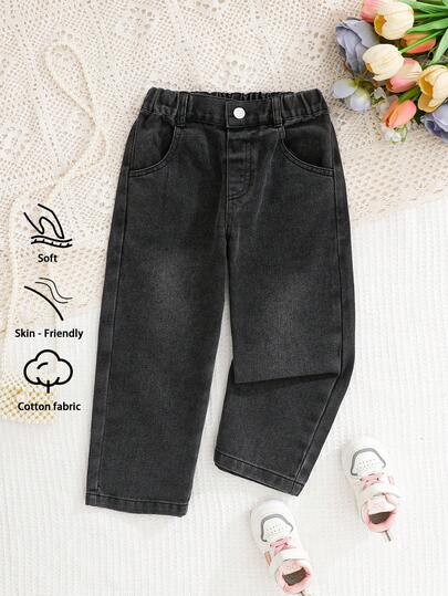 Young Girl Simple Fashion Denim Pants, Summer Thin New Arrival, Washed Black, Casual Street Style, Basic Minimalist 4/3 Elastic Waist, Four Pockets, Straight Loose Fit Denim Pants, Soft Comfortable Cotton Denim Fabric, Daily, Party, School, Commute, Spring/Summer 2026 New Collection