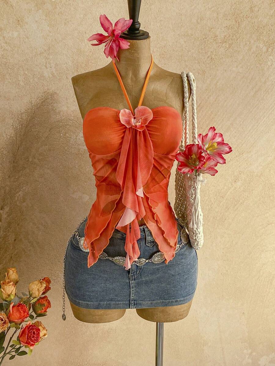 Soleia 女士3D立体花卉装饰荷叶边露背性感约会上衣 - 彩色 - 查看 1