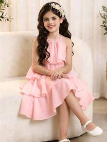 SHEIN Tween Girls' Loose Elegant Halter Neck Sleeveless Ruffle Hem Mid-Length Dress, Suitable For Weddings, Vacations, Parties - Pink - View 4