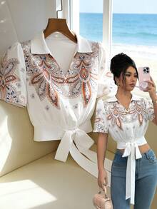 Elenzga Koszula wakacyjna z krótkim rękawem i nadrukiem na całej powierzchni, z przeszyciami z przodu - Morela - Zobacz 7