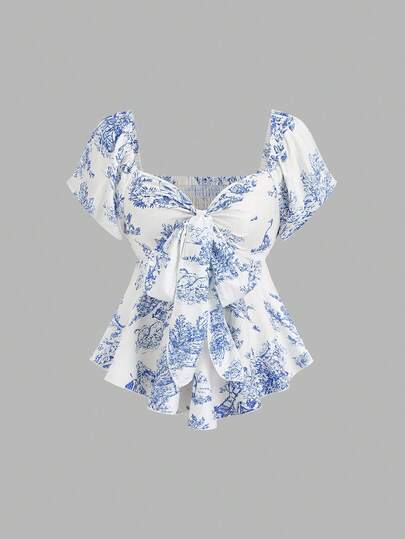 Sweetra 女士复古蓝白印花V领扭结不对称下摆短袖衬衫，春夏款