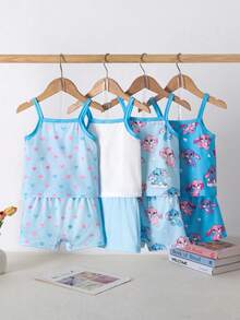 Baby Girl 8pcs/Set Pink And Blue Summer Cute Holiday Knitted Camisole Shorts Set,Rabbit Heart Colorblock Homewear Easter Sleeveless Pijamas Toddler - Blue - View 2