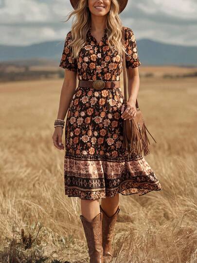 Wildy BOHO Yazlık Bohem Vintage Baskılı Midi Elbise, Kadınlar İçin Günlük Amerikan Batı Tarzı Kıyafet